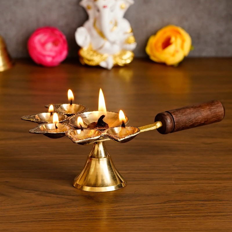 Brass Panchdeep Deepak With Wooden Holder
